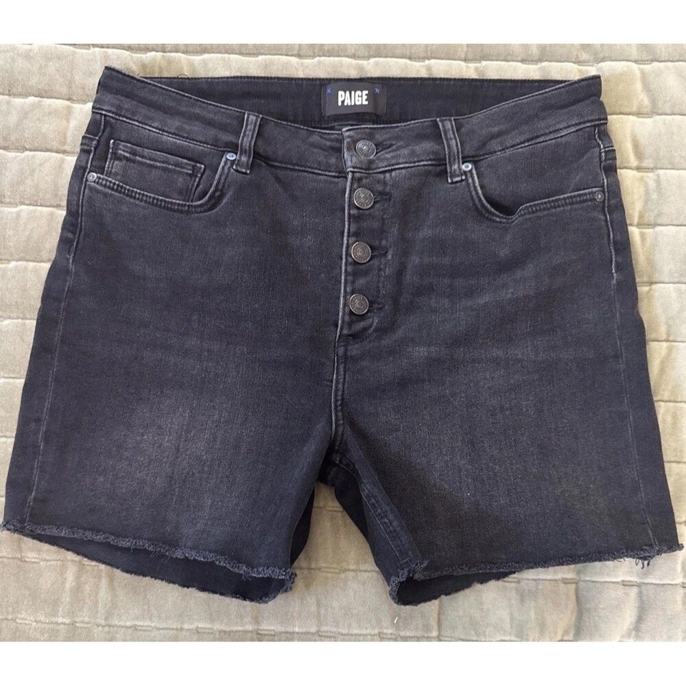 Paige High Waisted Button Up Black Bermuda Sarah Longline Jean Shorts Jorts 31